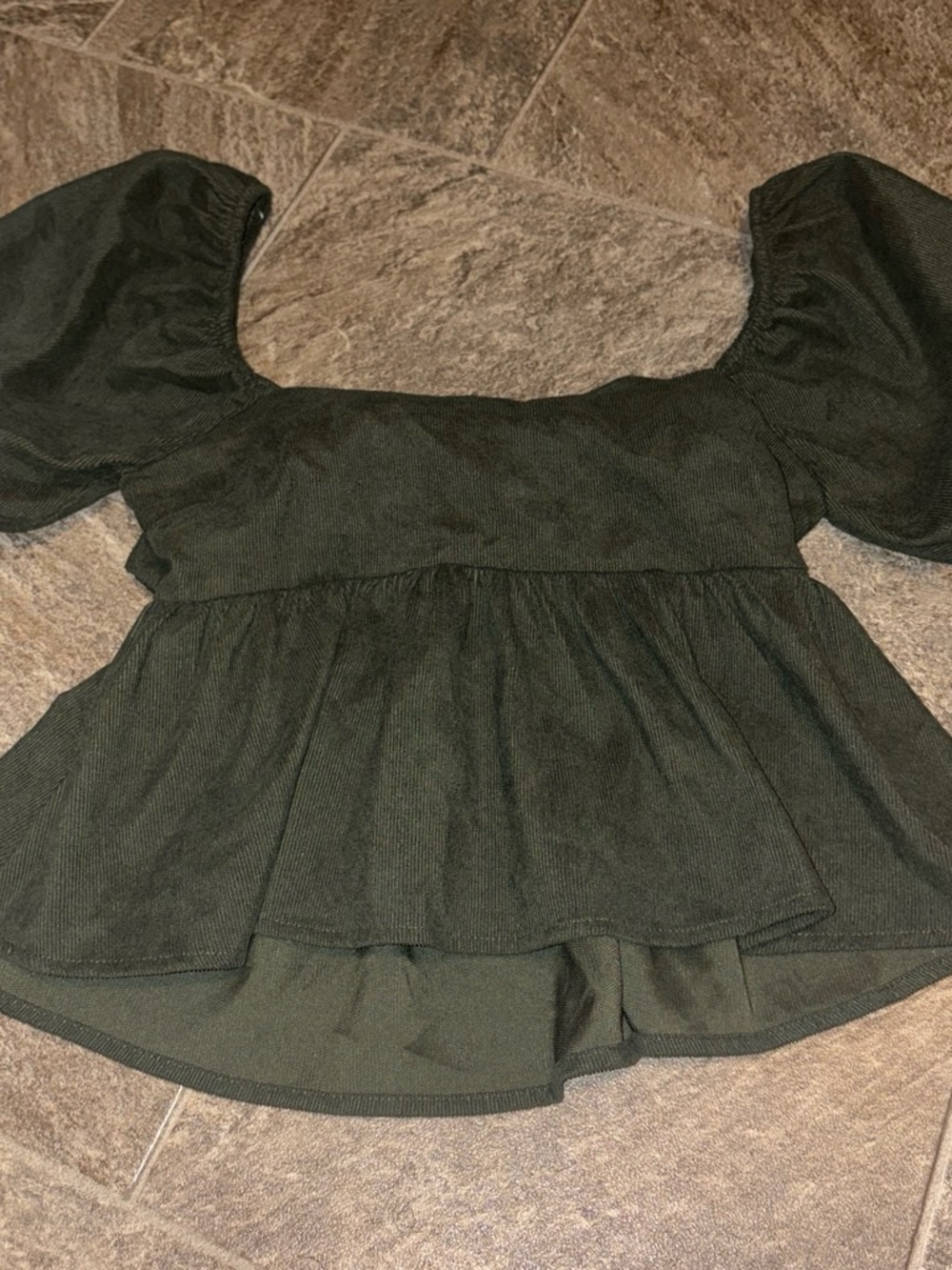 Francesca's Olive Puff Sleeve Square Neck Peplum Crop Top